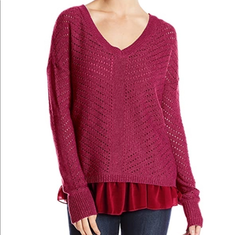 PRANA NWT Ellery Ruffle Hem Knit Pullover Sweater Size Small in Plum Red